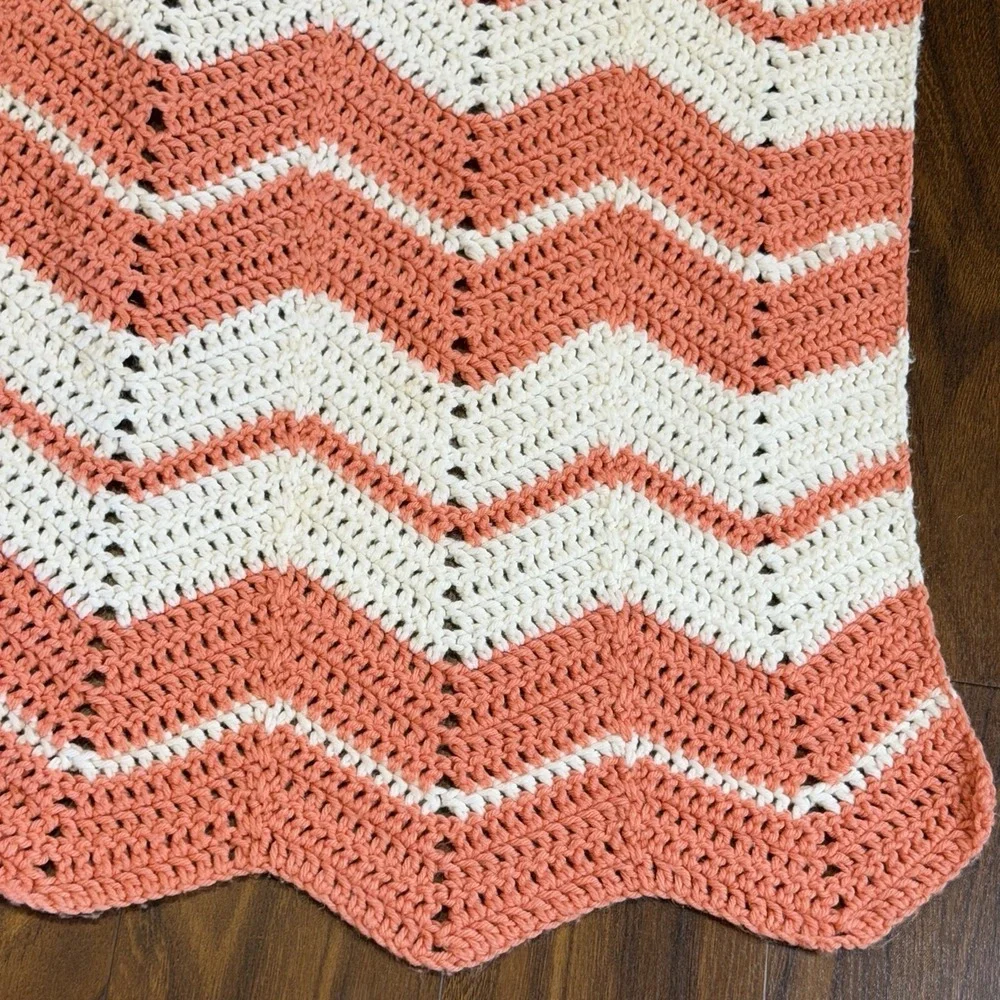 VTG Crochet Chevron Blanket Afghan Coral Cream Zig Zag Handmade 60x63 Boho
